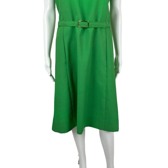 Vintage 70s Shift Dress Women's Large Solid Green V-Neck Belted Kangaroo Pockets - Picture 6 of 11